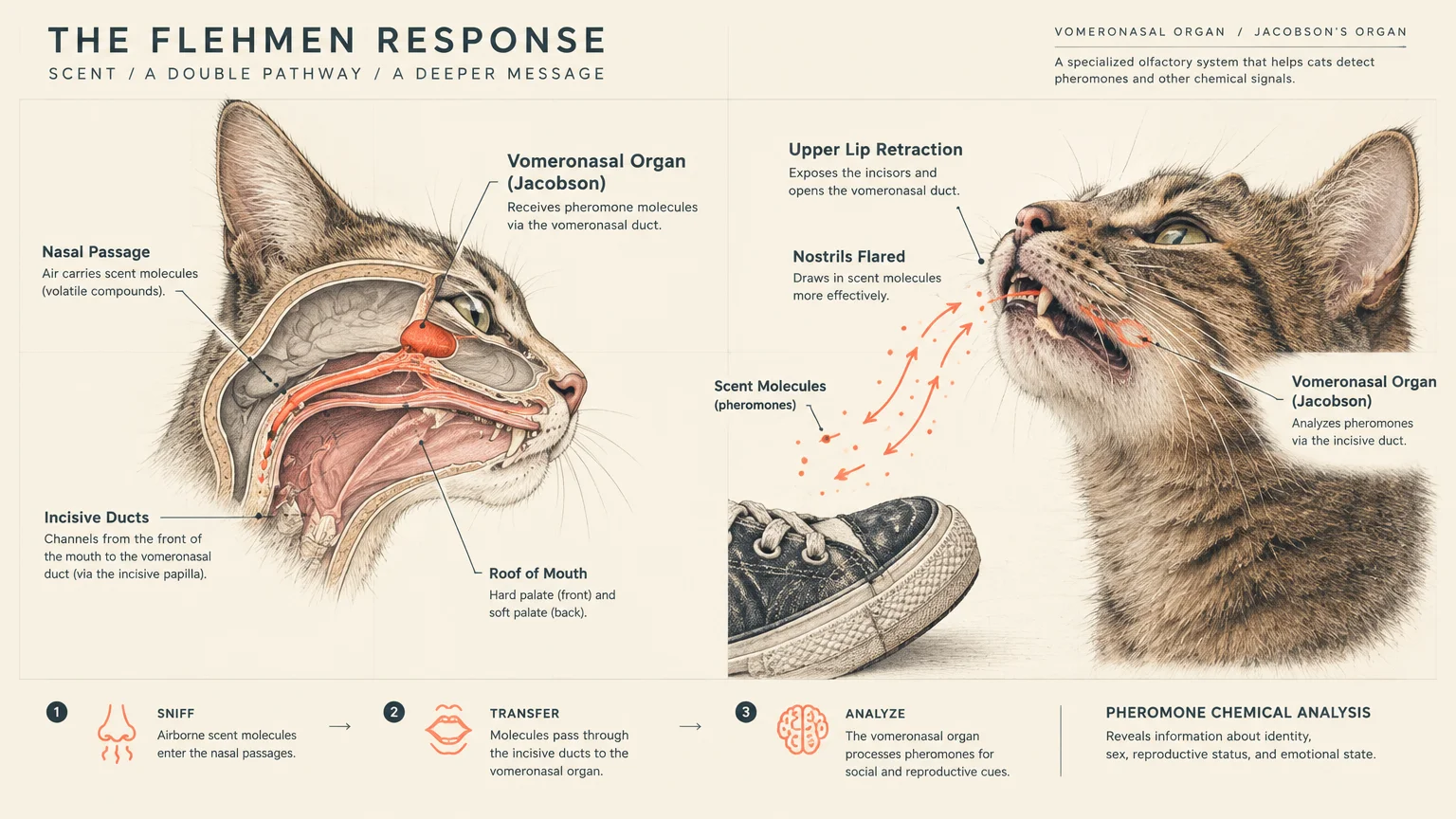 Diagram of a cat's head anatomy and Flehmen response, showing scent pathways to the vomeronasal organ near a shoe.