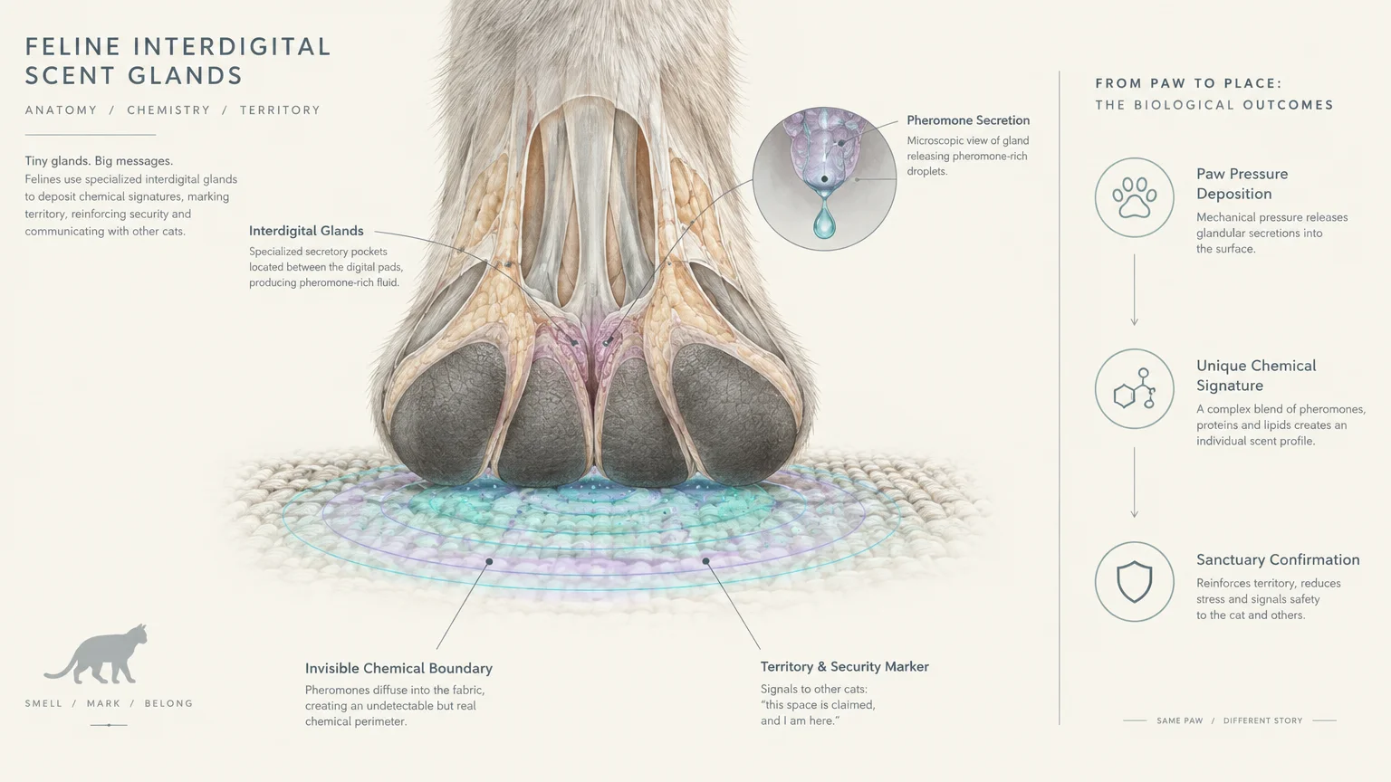 Diagram of feline interdigital scent glands inside a cat paw pressing on fabric, with annotations detailing pheromones.