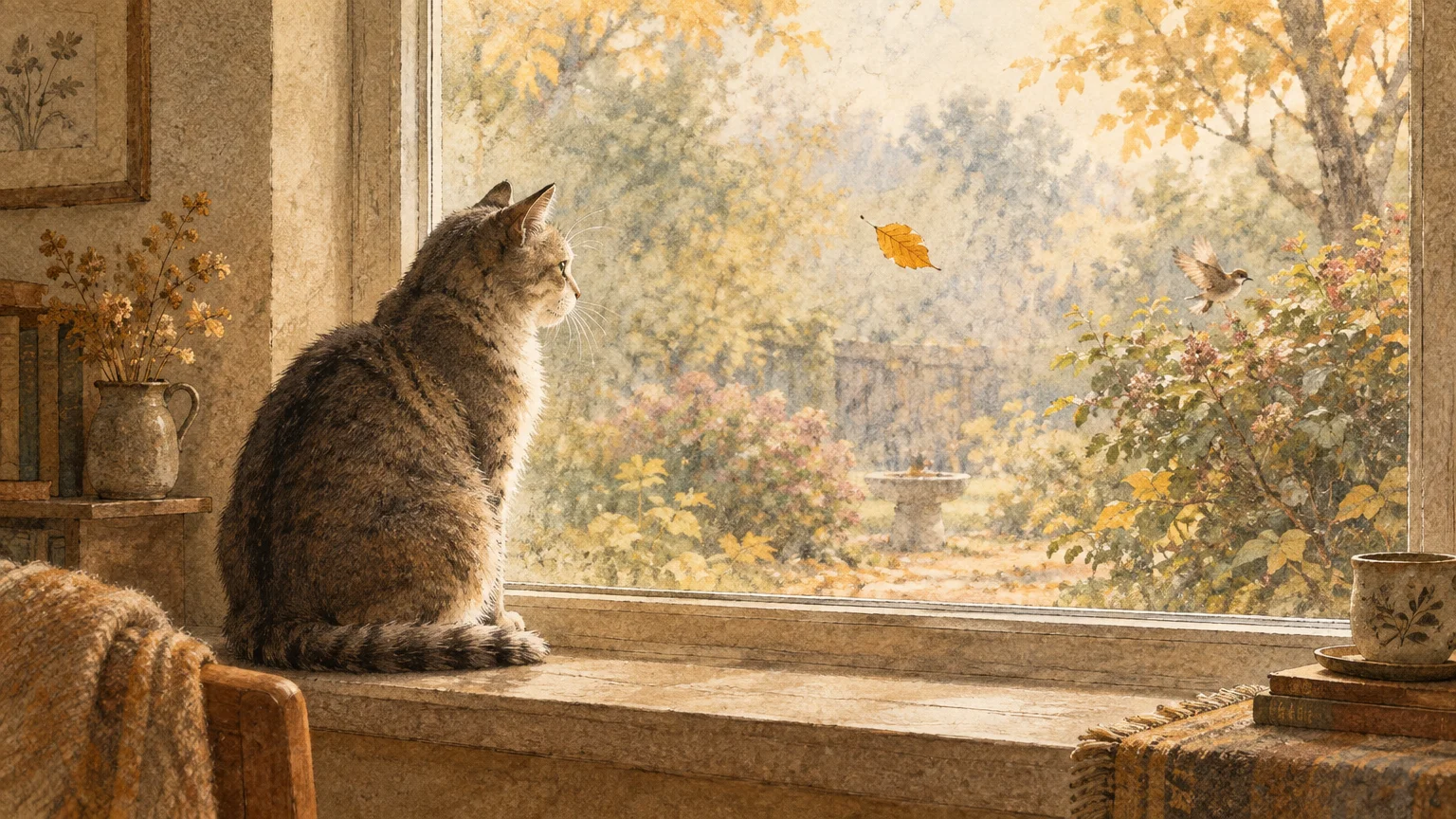 Illustration of a tabby cat sitting on an indoor windowsill, watching a flying bird and falling leaf in an autumn garden.