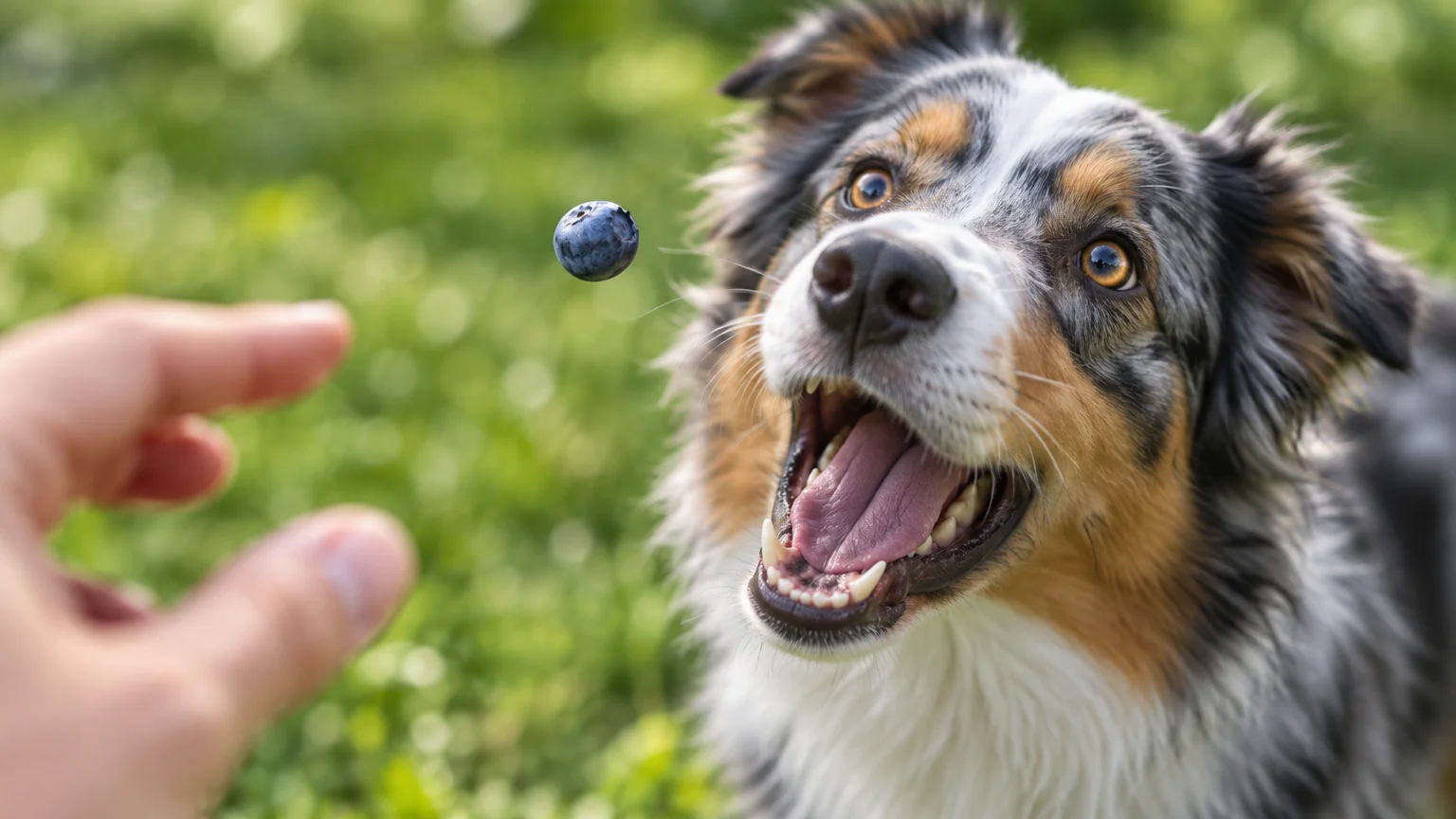 An Australian Shepherd looking up with mouth open to catch a single blueberry tossed by a person outdoors.