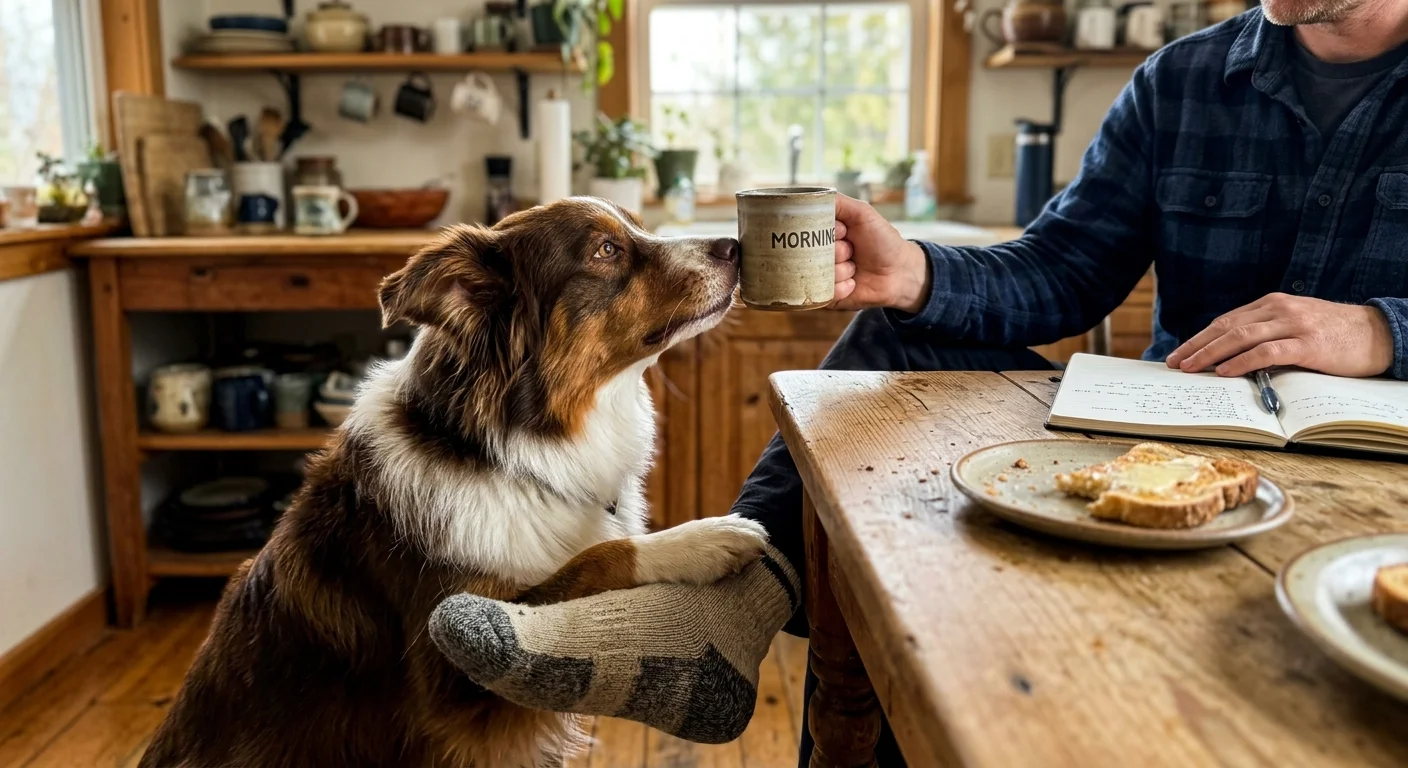 A brown and white Australian Shepherd nudges a coffee mug held by a person sitting at a wooden breakfast table.