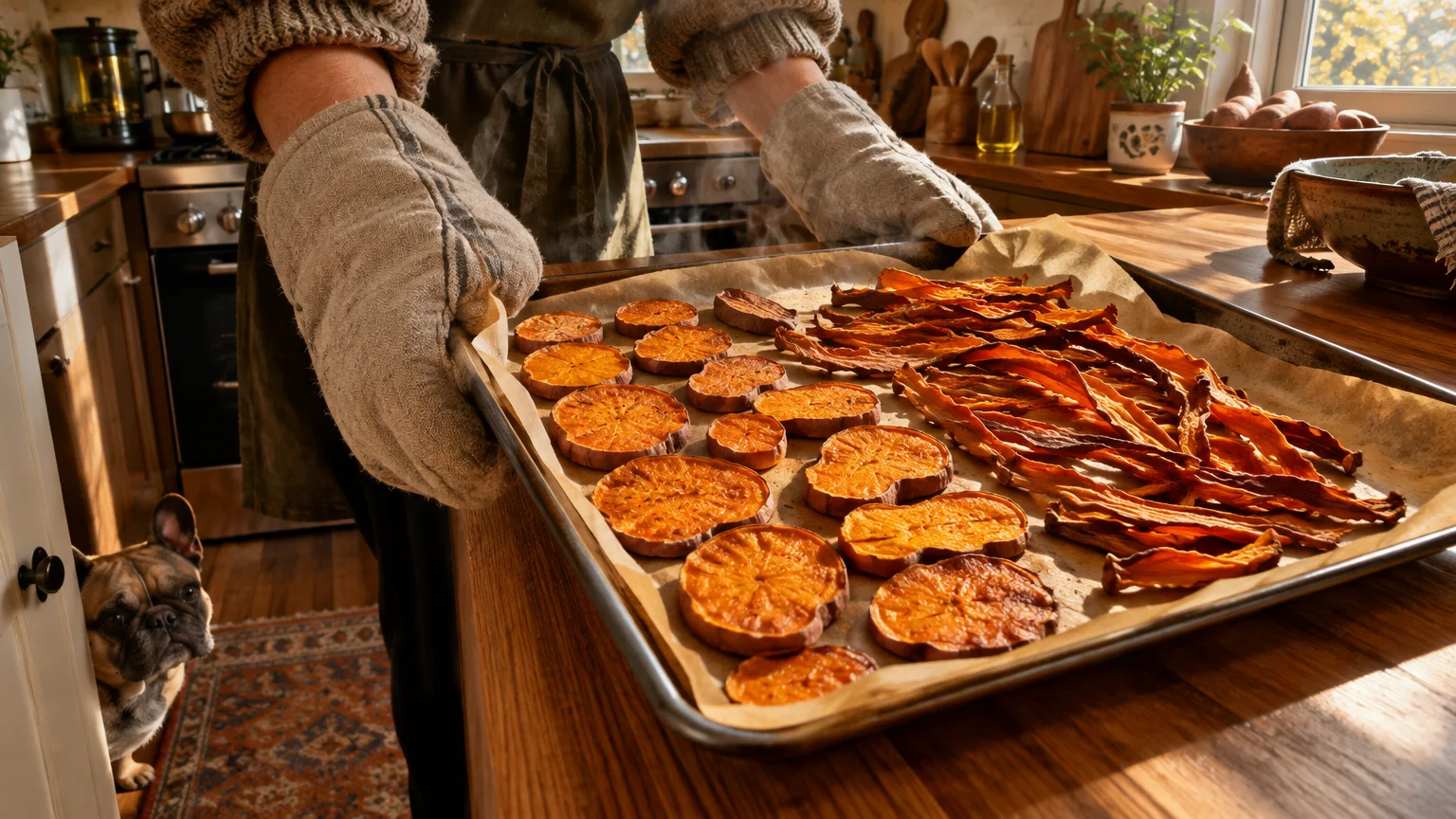 Person holding a hot baking sheet of roasted sweet potato rounds and dehydrated strips with a French bulldog below.