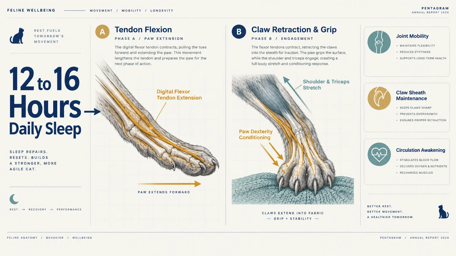 Diagram illustrating cat paw tendon flexion and claw engagement phases alongside daily feline sleep statistics.