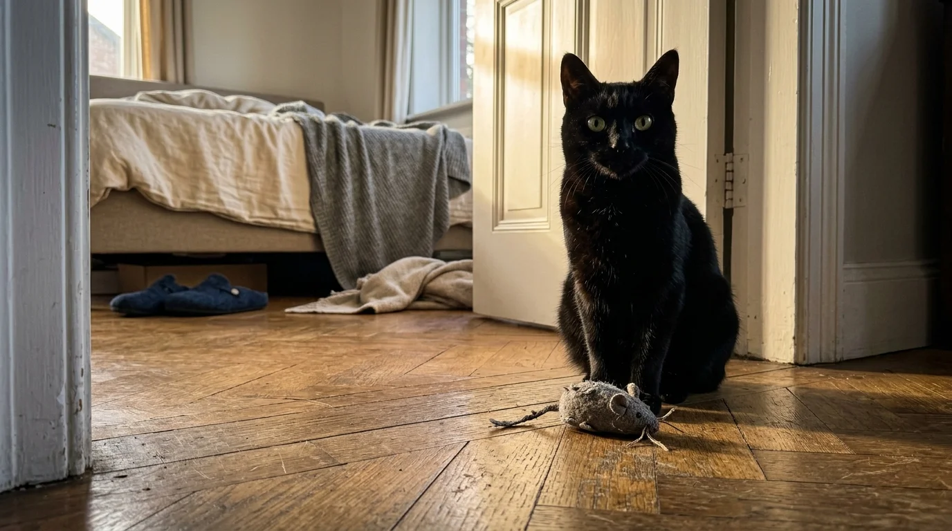 Black cat sitting on a parquet wood floor next to a toy fabric mouse in an open bedroom doorway.