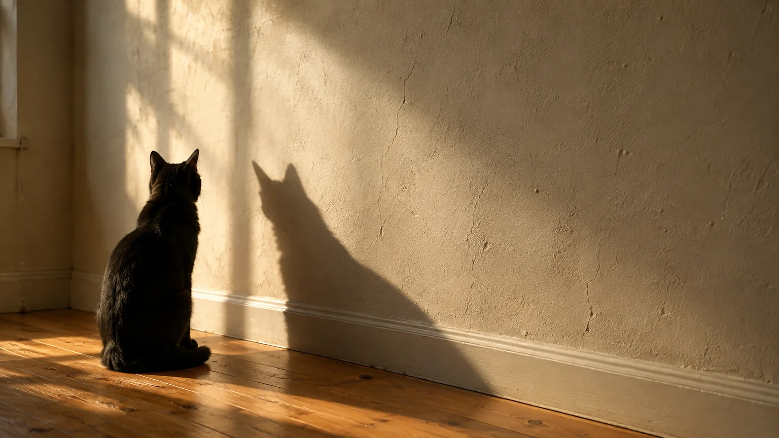 A black cat sits on a wooden floor, facing away and casting a long shadow against a textured, sunlit wall.