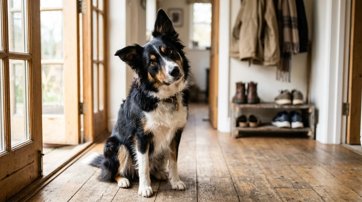 A black, white, and tan border collie sits on a wooden hallway floor and tilts its head curiously toward the camera.