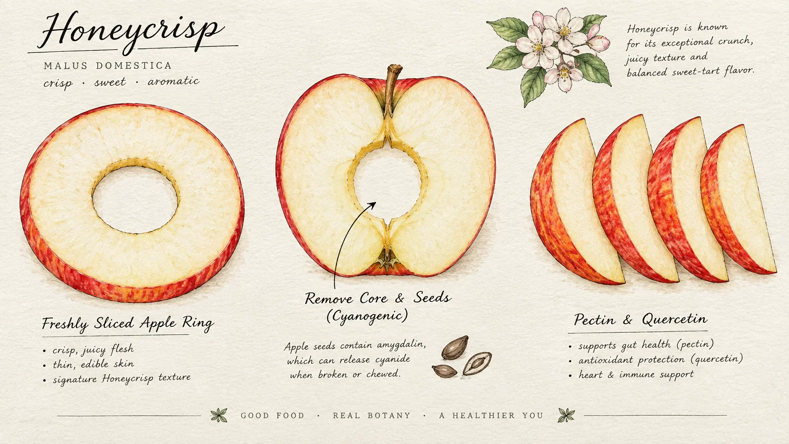 Botanical illustration of a Honeycrisp apple slice ring, a cored apple half, and apple wedges with informative text.