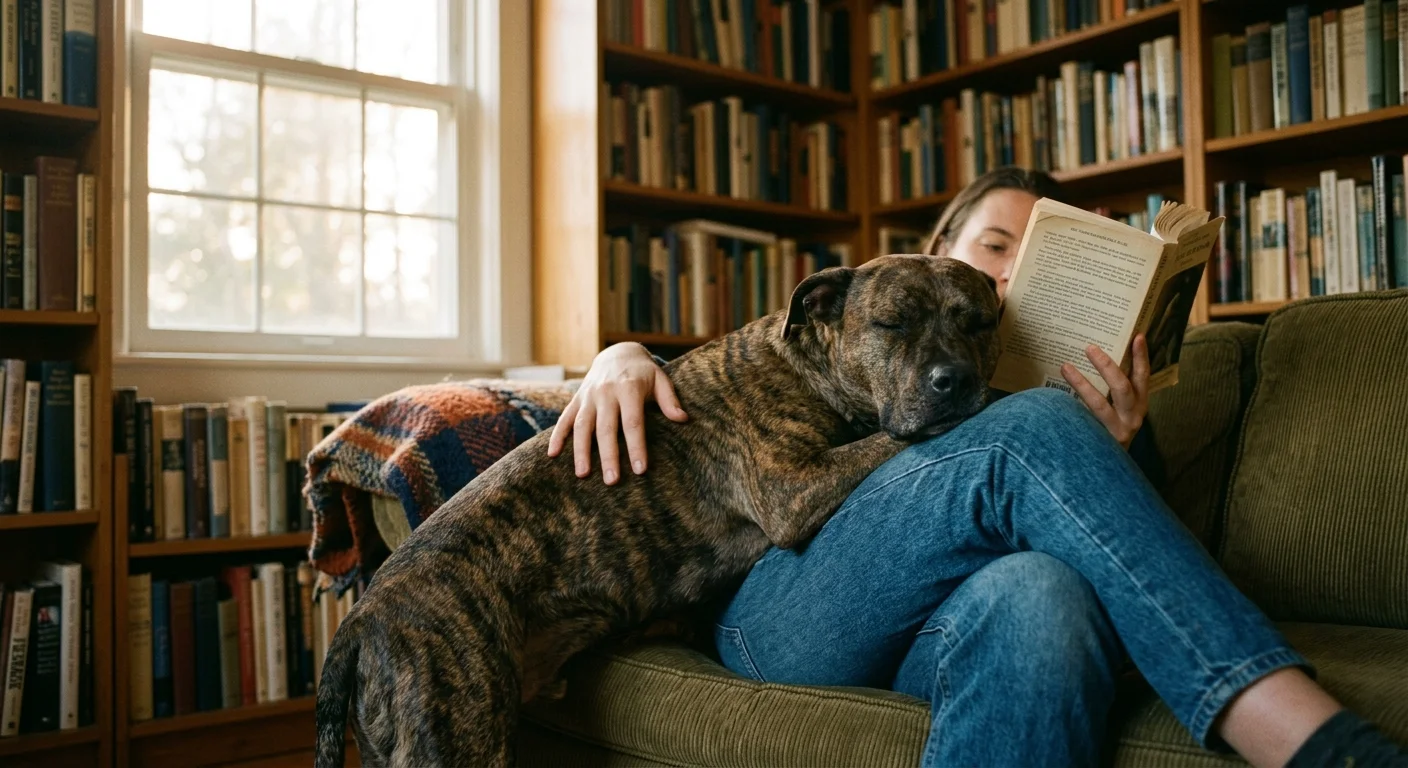 A brindle dog rests its head on a person's lap on a green couch surrounded by bookshelves.
