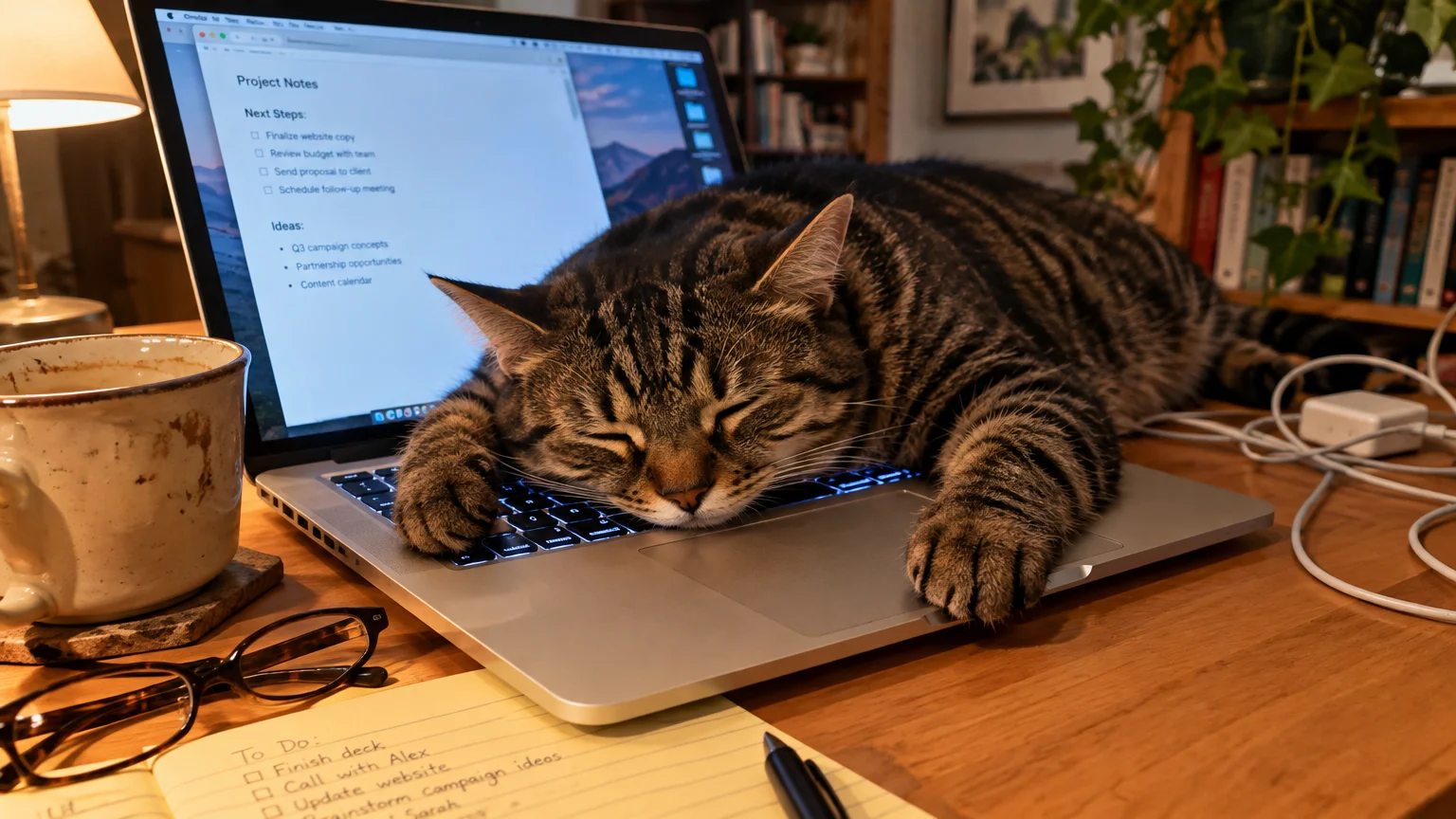 A tabby cat sleeps soundly across the keyboard of an open laptop on a wooden desk beside a coffee mug.