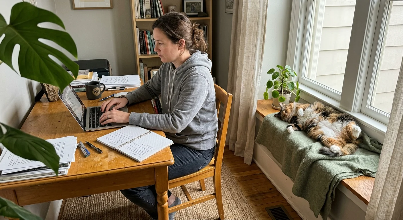 A woman types on a laptop at a wooden desk while a calico cat sleeps on its back on a nearby window bench.