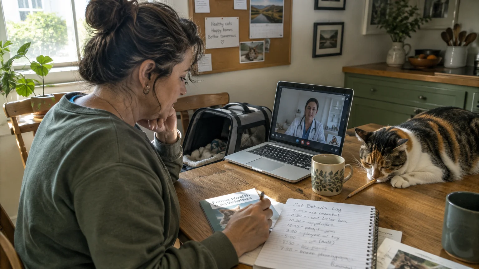 Woman taking notes during a video call with a veterinarian on a laptop, with a calico cat resting on the table.
