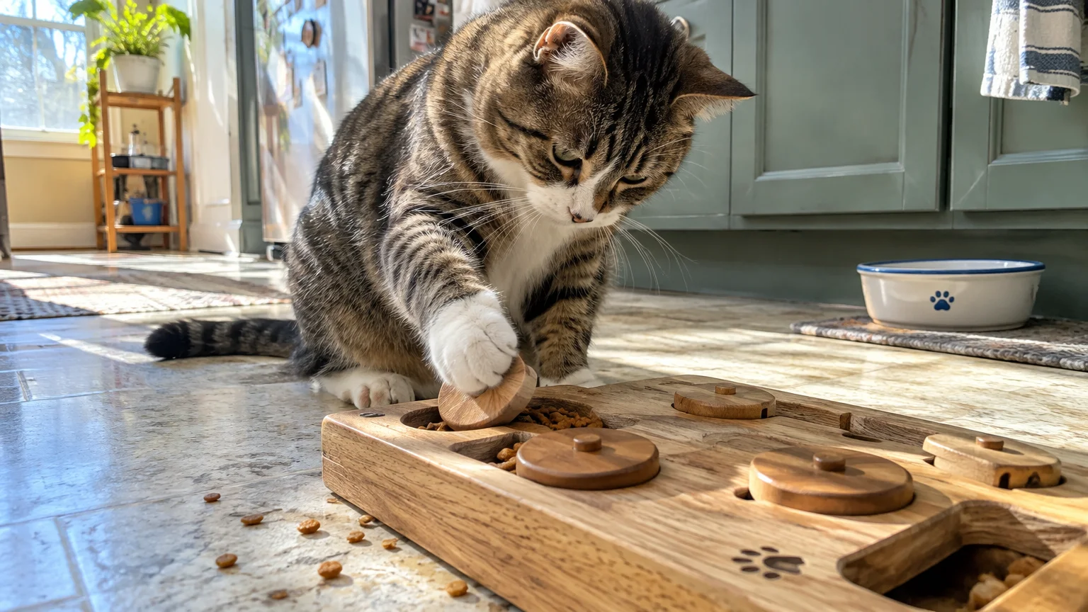 A tabby cat uses its paw to slide a wooden lid on a puzzle feeder to reach dry kibble on the floor.