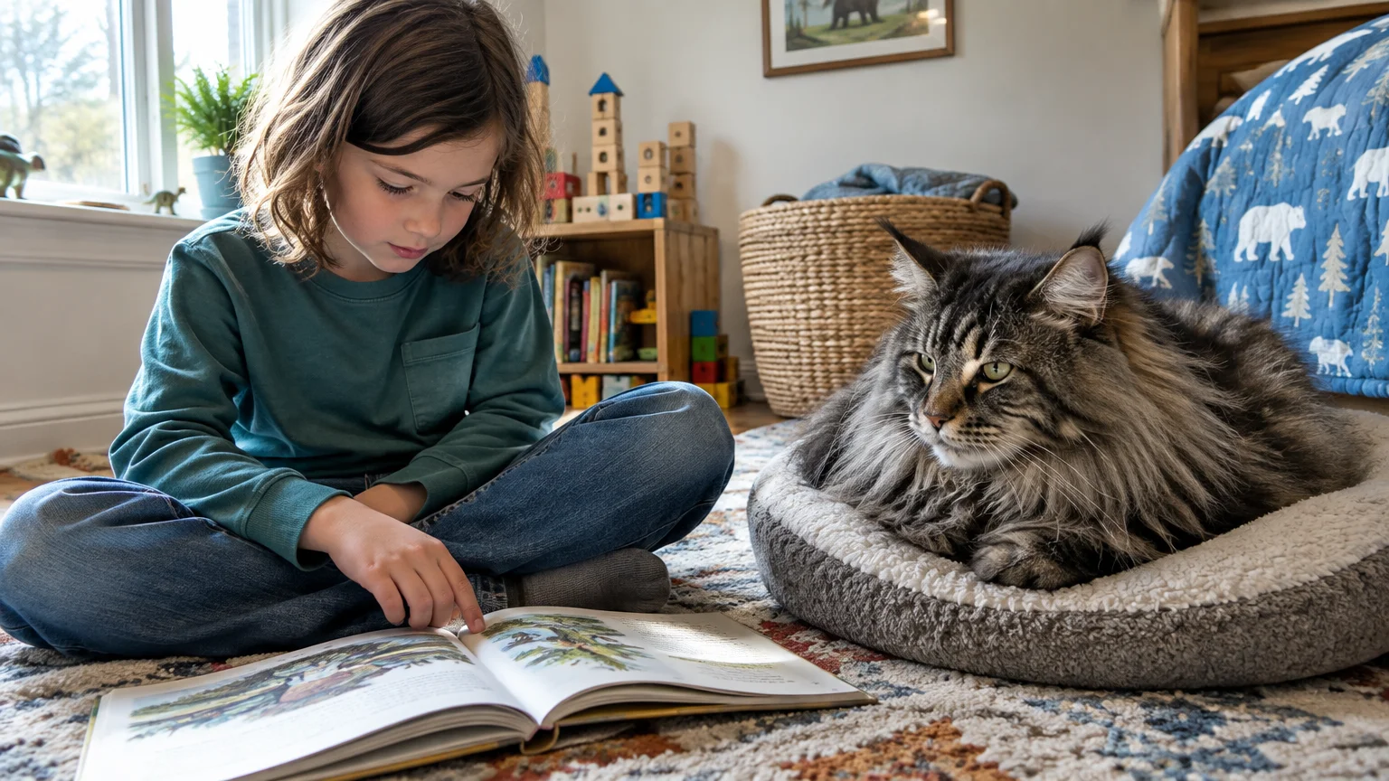 A child sits on a rug reading an open book beside a large, fluffy tabby cat resting in a pet bed.