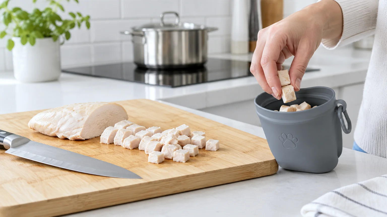 Diced boiled chicken breast on a wooden cutting board being placed into a gray silicone treat pouch next to a knife.