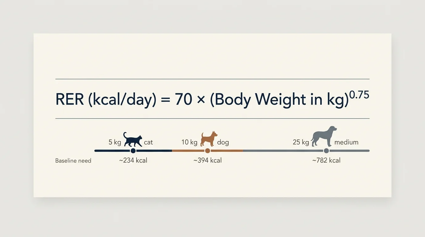 Mathematical formula for RER kcal per day above a baseline energy scale with calorie values for a cat and dogs by weight.