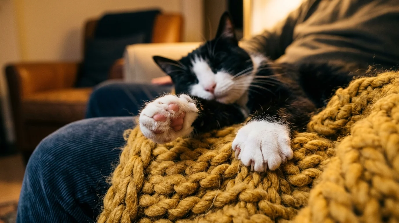 A black and white cat sleeping on a person's lap atop a thick, yellow knitted blanket with paws extended.