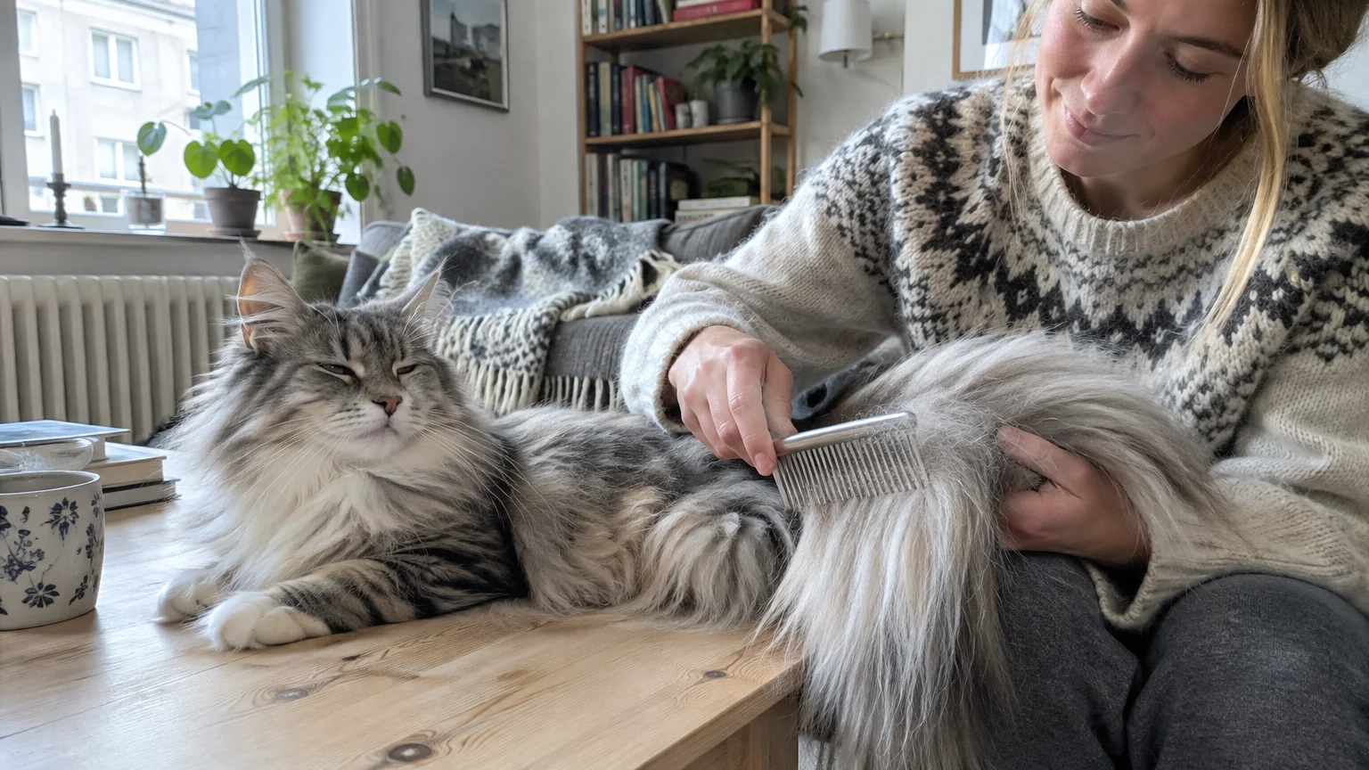 A woman gently combs the long, bushy tail of a fluffy gray-and-white cat resting on a wooden coffee table.