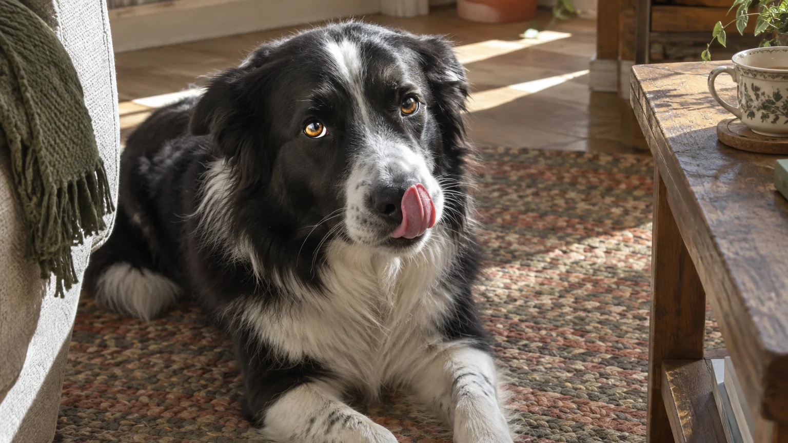 A black-and-white border collie lies on a woven rug indoors, looking up and licking its nose with its pink tongue.