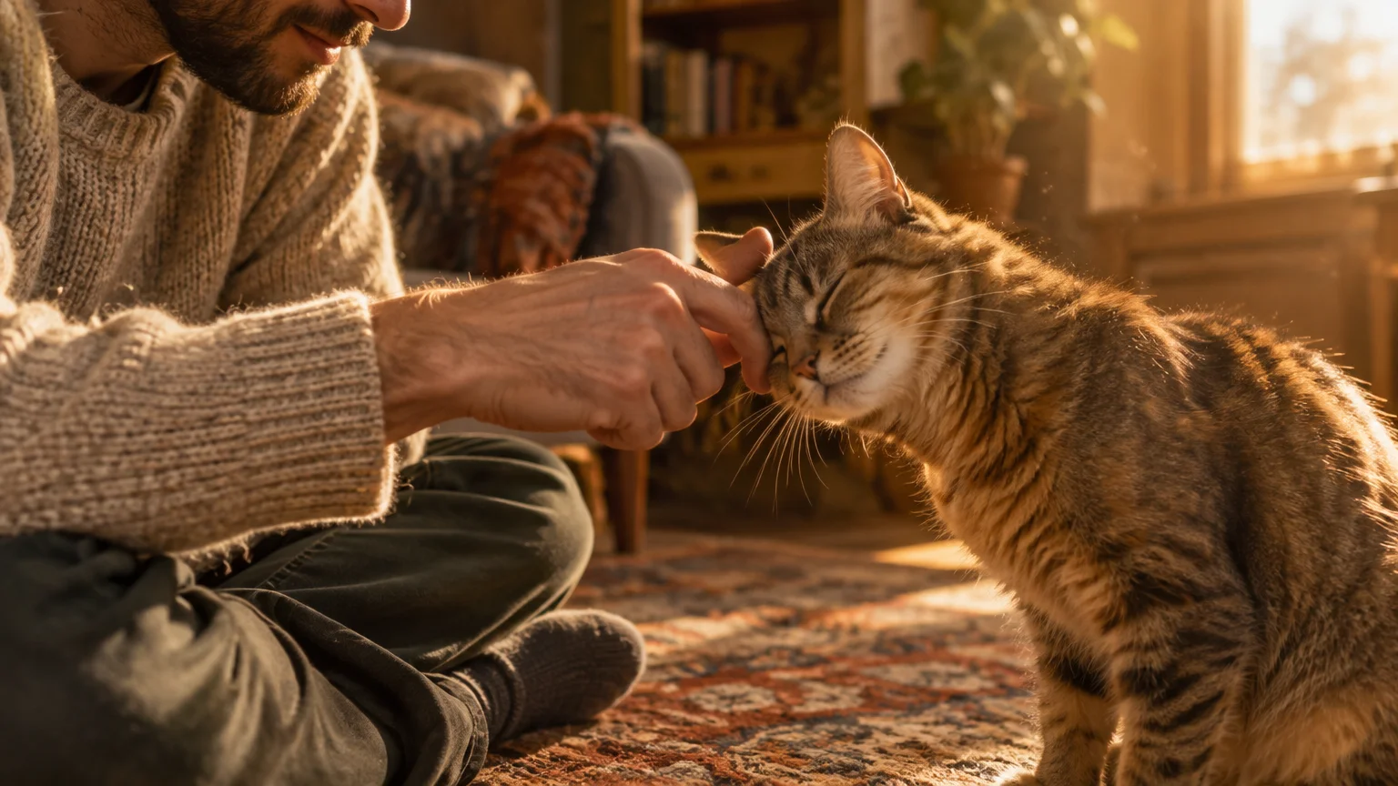 A man sits on a rug in warm sunlight, extending his hand as a tabby cat gently rubs its head against his knuckles.