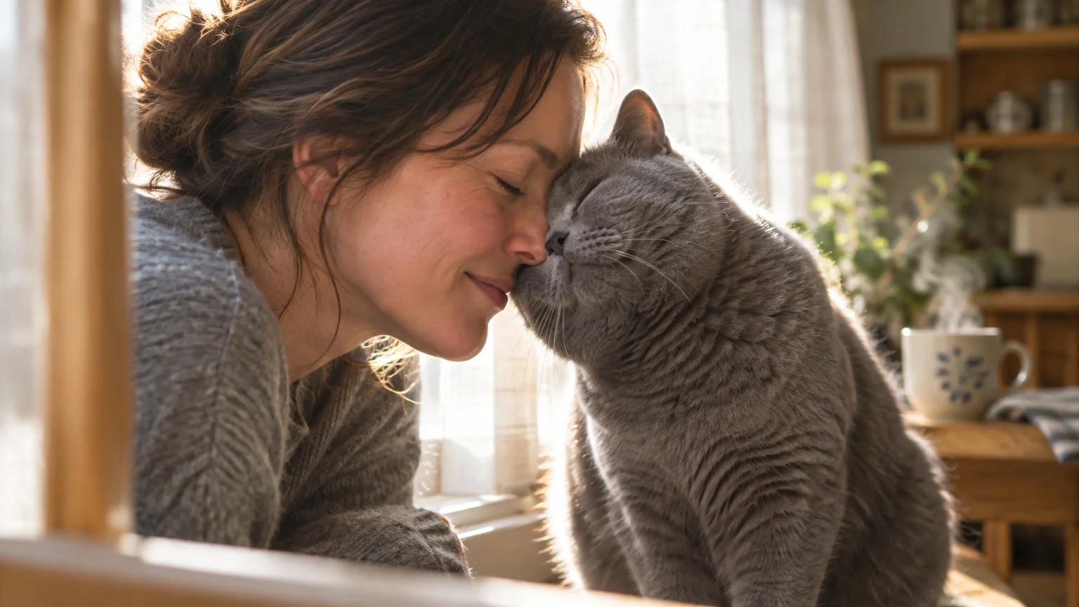 A smiling woman gently touches her nose and forehead against the face of a gray cat in front of a sunny window.