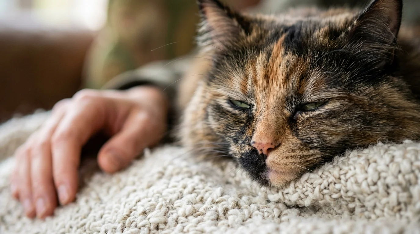 Calico cat resting on a white knitted blanket with narrowed green eyes beside a person's hand.
