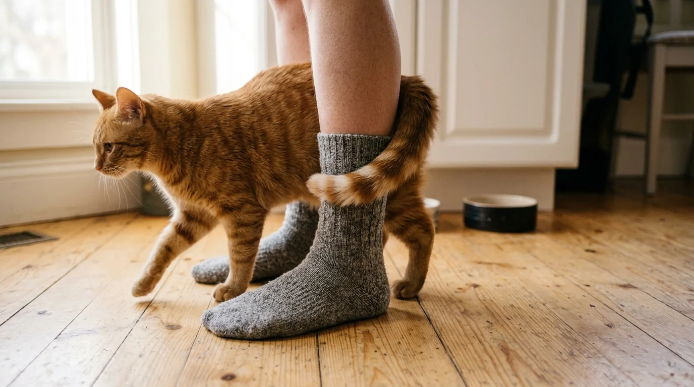 An orange tabby cat wraps its tail around a person's sock-covered ankle on a light wooden floor.