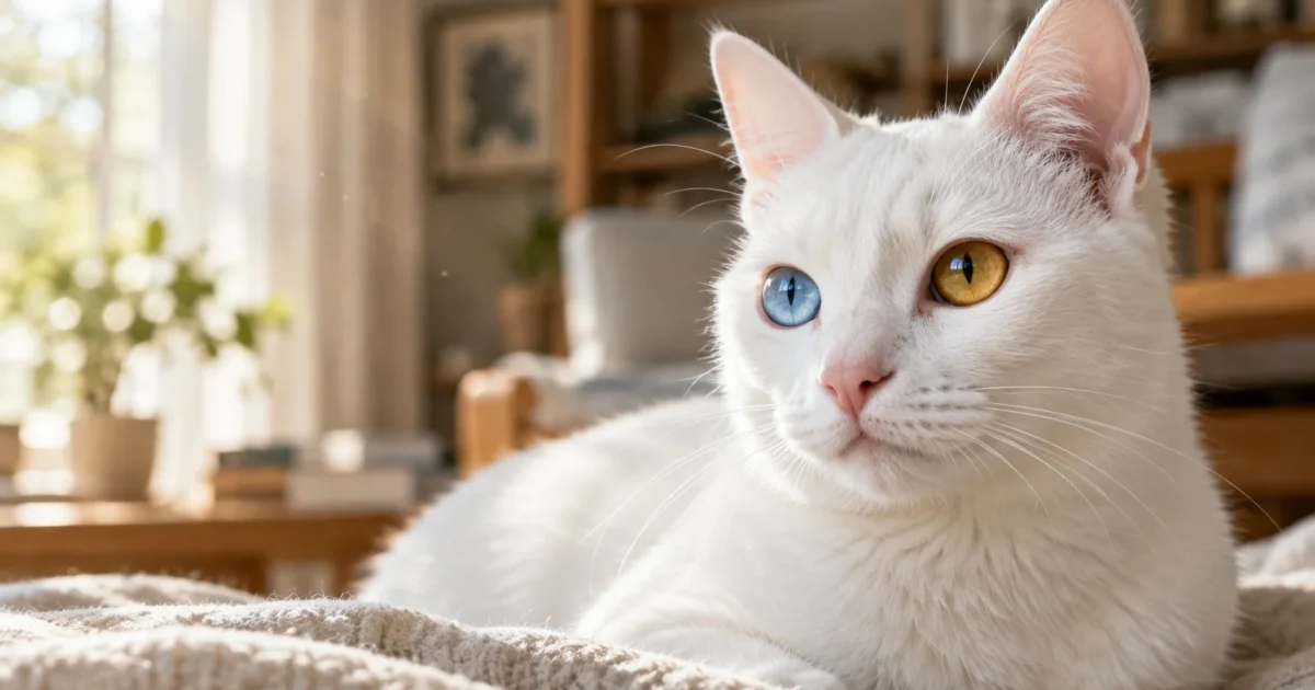 Close-up of a white cat resting indoors, featuring complete heterochromia with one blue eye and one amber eye.