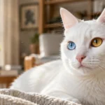 Close-up of a white cat resting indoors, featuring complete heterochromia with one blue eye and one amber eye.