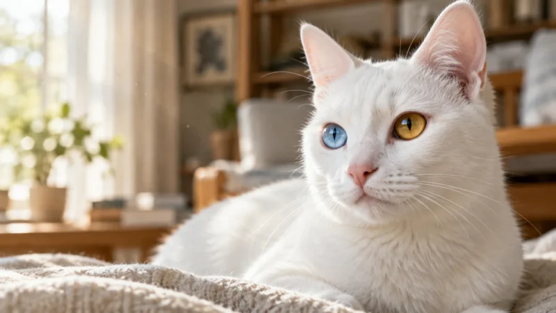 Close-up of a white cat resting indoors, featuring complete heterochromia with one blue eye and one amber eye.