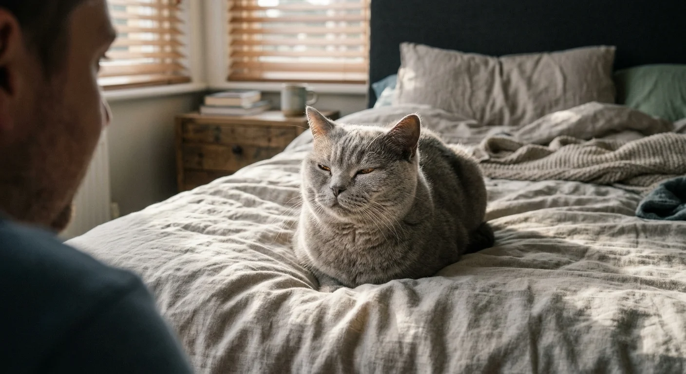 A gray cat sits on an unmade bed and narrows its eyes at a man sitting in the foreground.