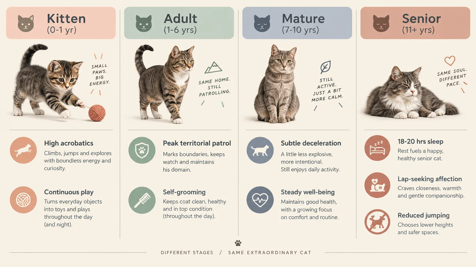 Four-column infographic comparing cat life stages from kitten to senior with photos, ages, and behavioral traits.