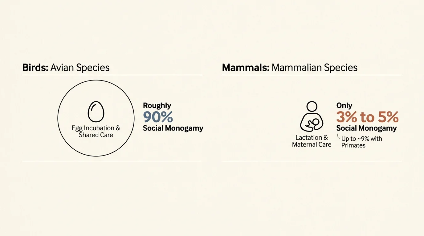 Diagram comparing social monogamy rates: roughly 90% in birds with egg incubation versus 3% to 5% in mammals with lactation.