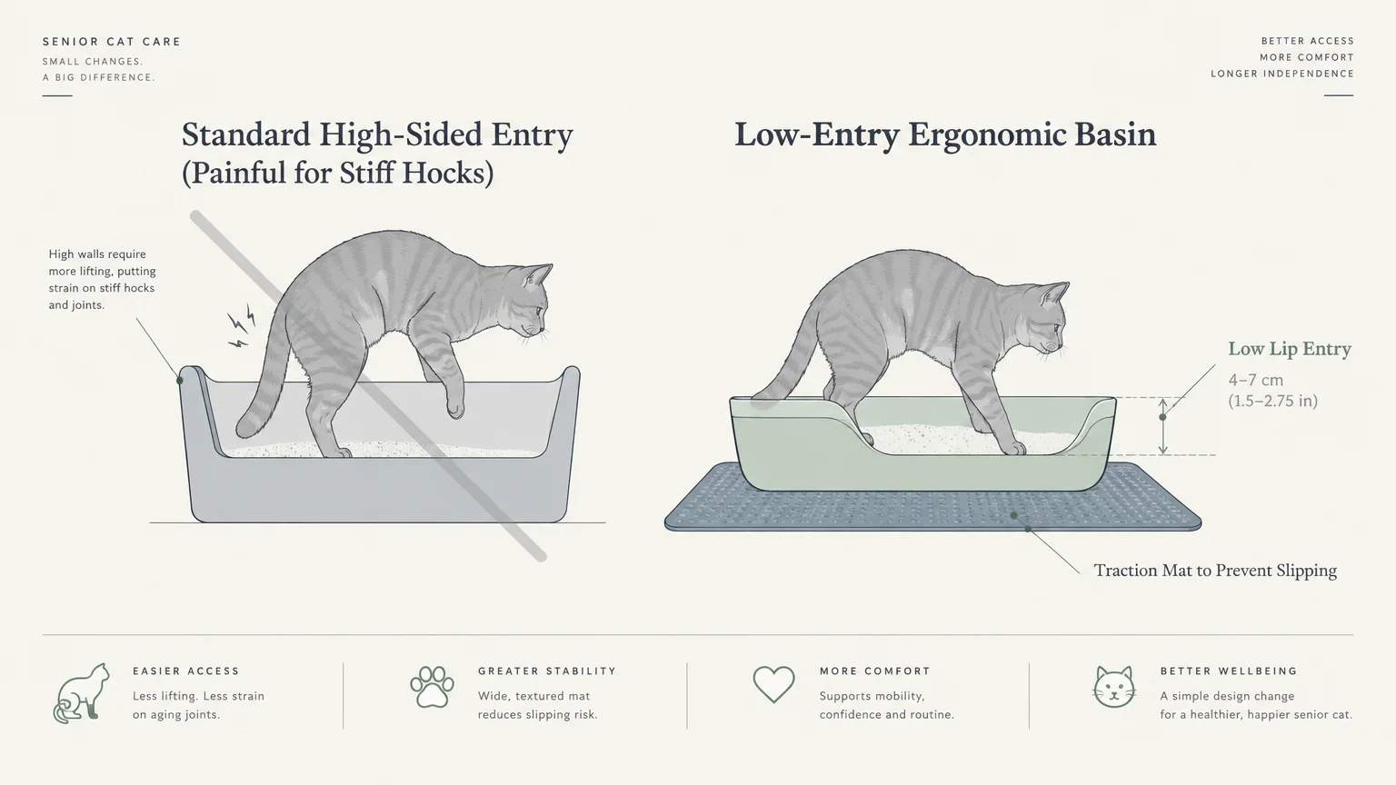 Diagram comparing a cat struggling into a high-sided litter box versus stepping easily into a low-entry basin.