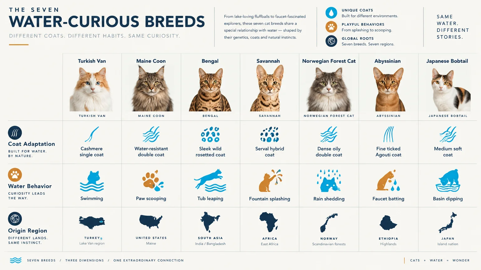 Infographic chart comparing coat adaptations, water behaviors, and origin regions across seven cat breeds.