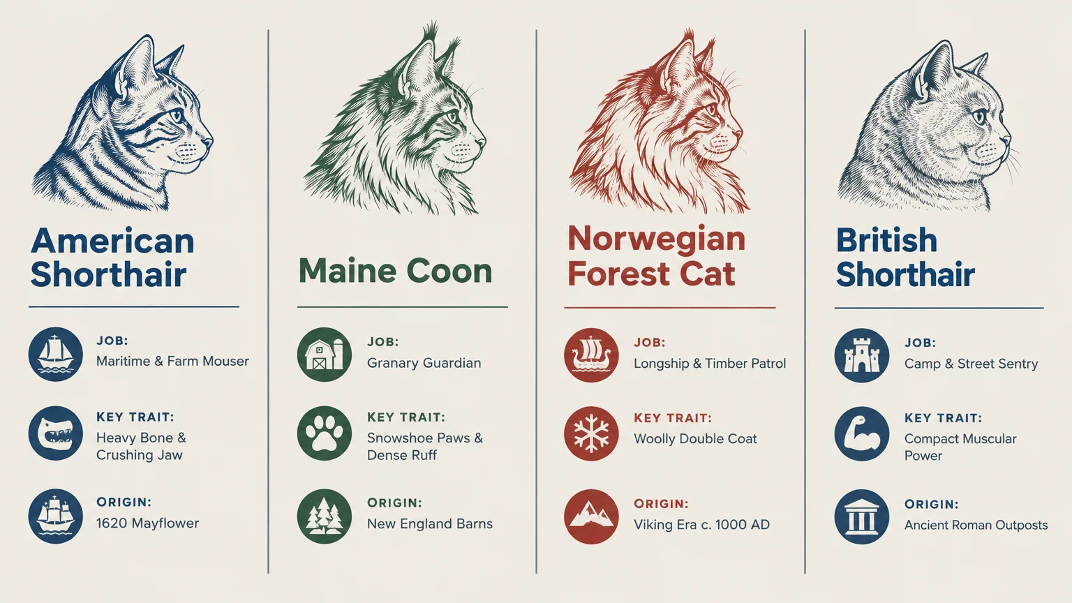 Illustrated chart comparing the jobs, key traits, and origins of four cat breeds: American Shorthair, Maine Coon, and more.