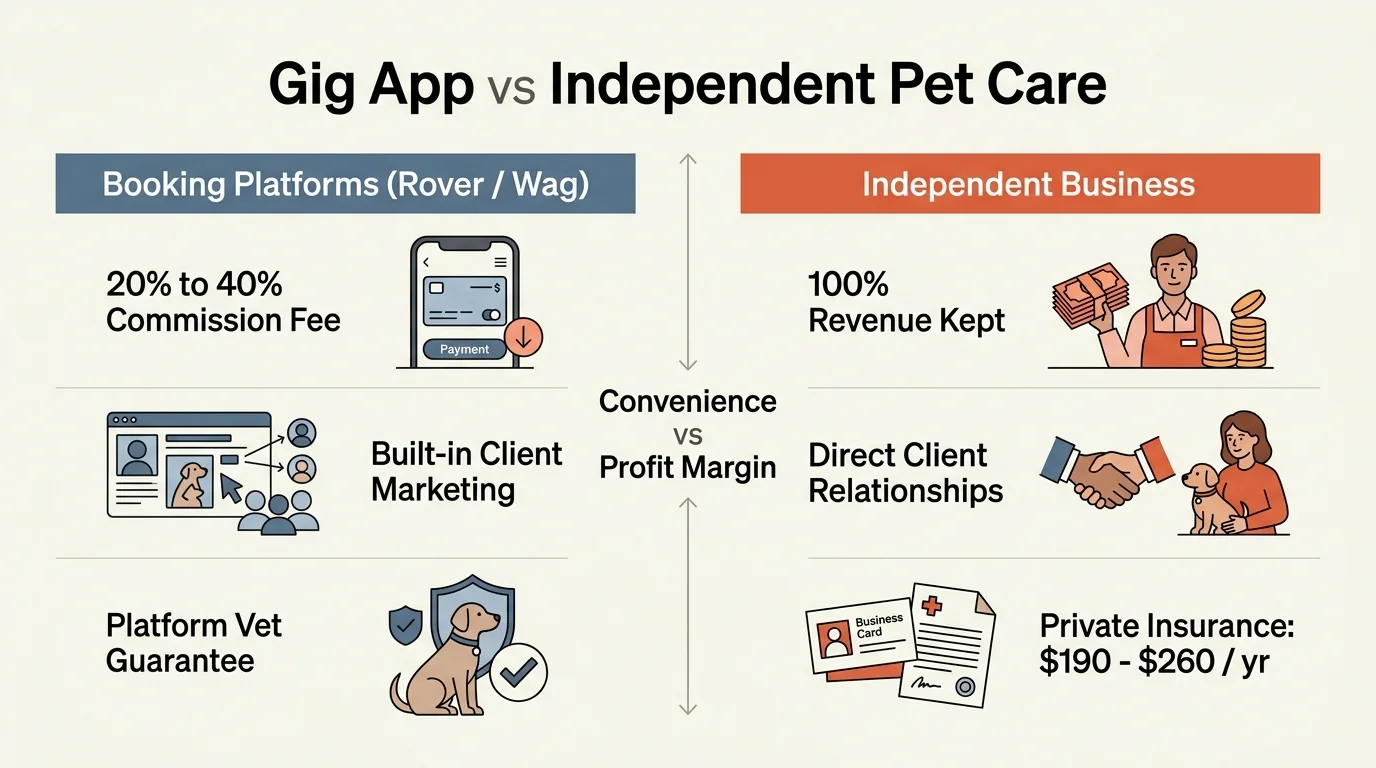 Comparison chart contrasting booking platforms taking 20% to 40% commission with independent pet care keeping 100% revenue.