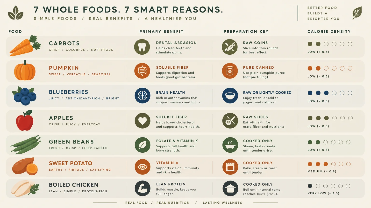 Chart listing seven whole foods with primary benefits, preparation keys, and calorie density ratings.