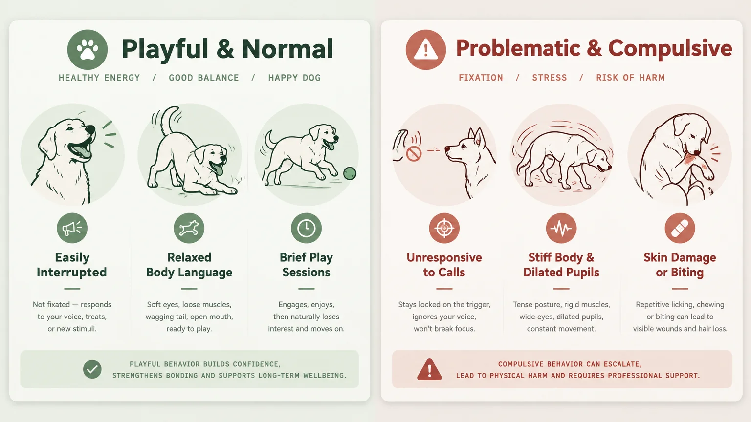 Side-by-side comparison diagram illustrating playful dog behaviors versus problematic, compulsive signs like biting and stiffness.