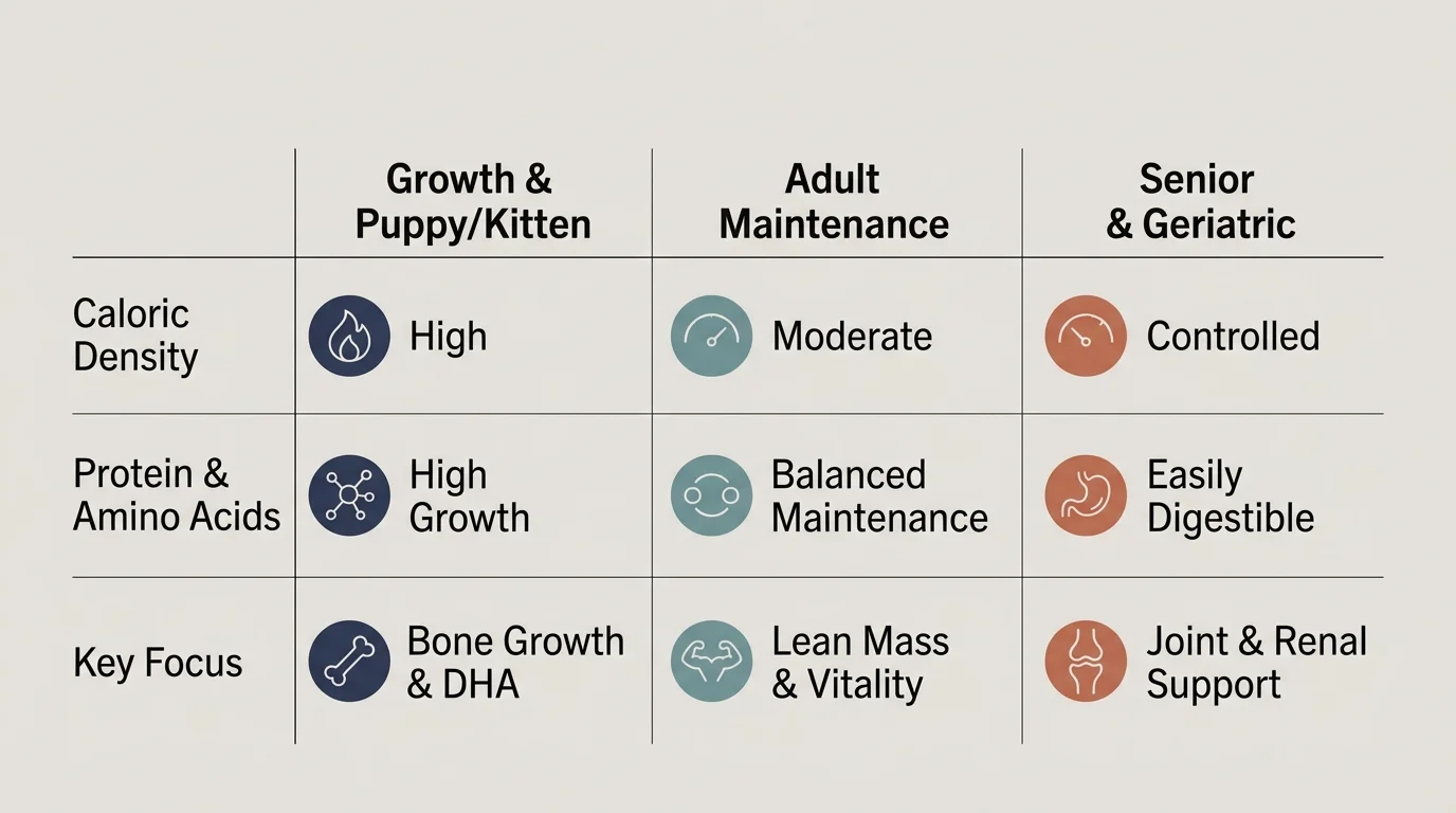 Chart comparing caloric density, protein, and key focus for puppy/kitten, adult maintenance, and senior pet life stages.