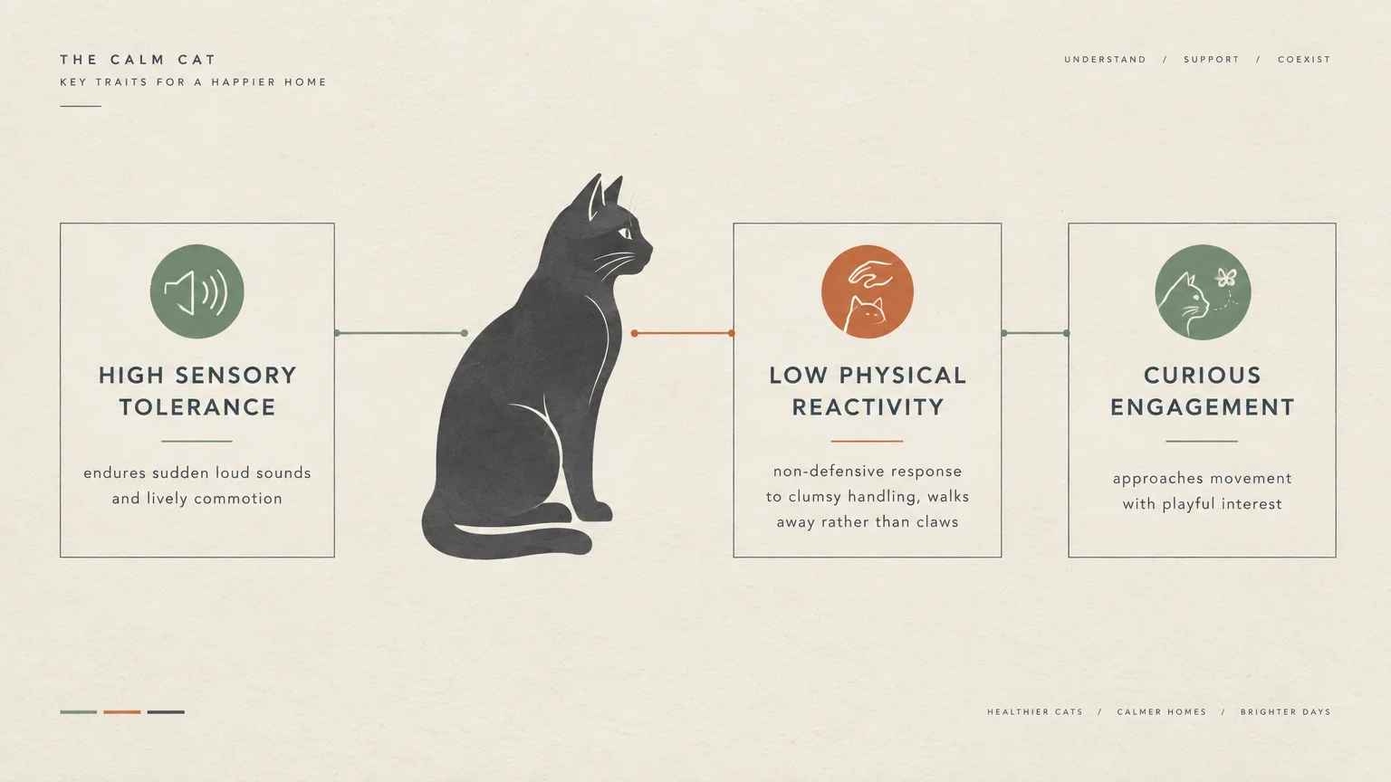Diagram outlining key calm cat traits, showing a cat silhouette beside sensory tolerance, reactivity, and engagement boxes.