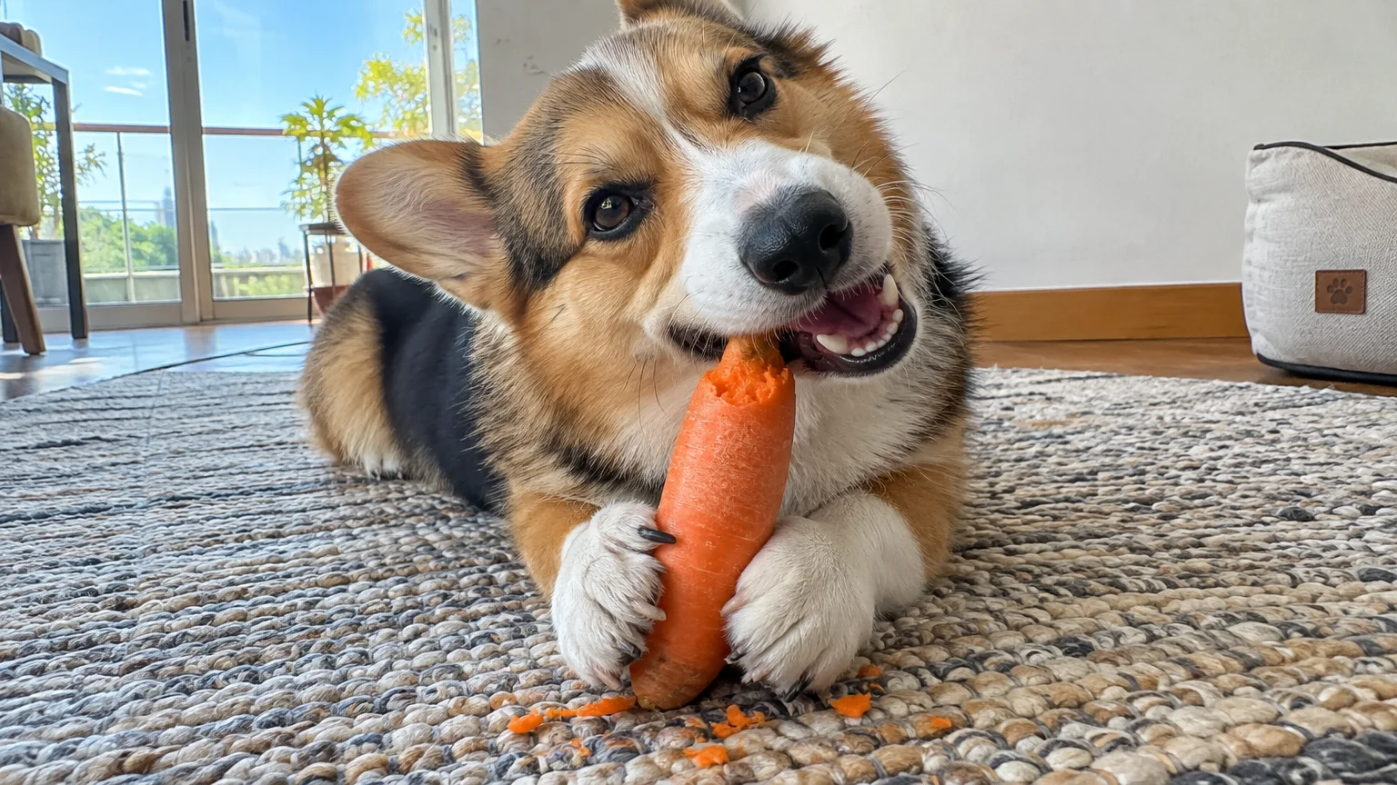 A tricolor Welsh corgi lying on a patterned rug, holding a large raw carrot between its front paws and chewing it.