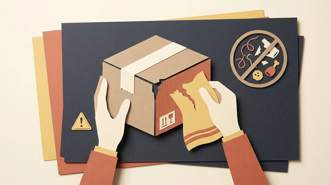 Cut-paper collage of hands holding a cardboard box with torn fabric, accompanied by warning and prohibition symbols.