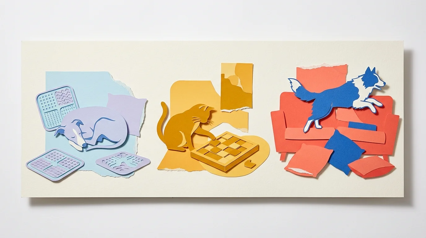 Cut-paper collage of a sleeping dog by lick mats, a cat with a puzzle feeder, and an active dog jumping over a couch.