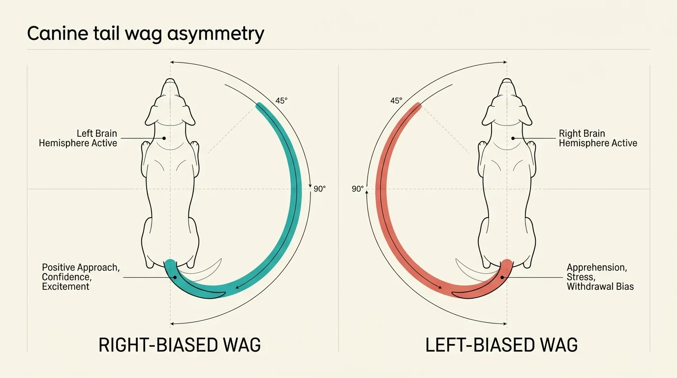 Diagram comparing right-biased and left-biased canine tail wags with brain hemisphere activity and emotional states labeled.