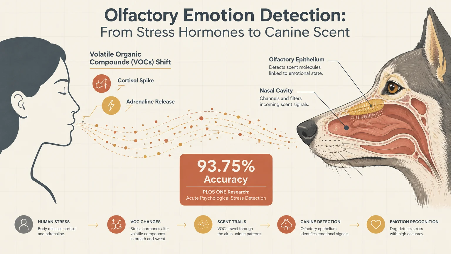 Diagram tracing stress VOCs from human breath to a dog's nasal cavity, highlighting 93.75% accuracy research.