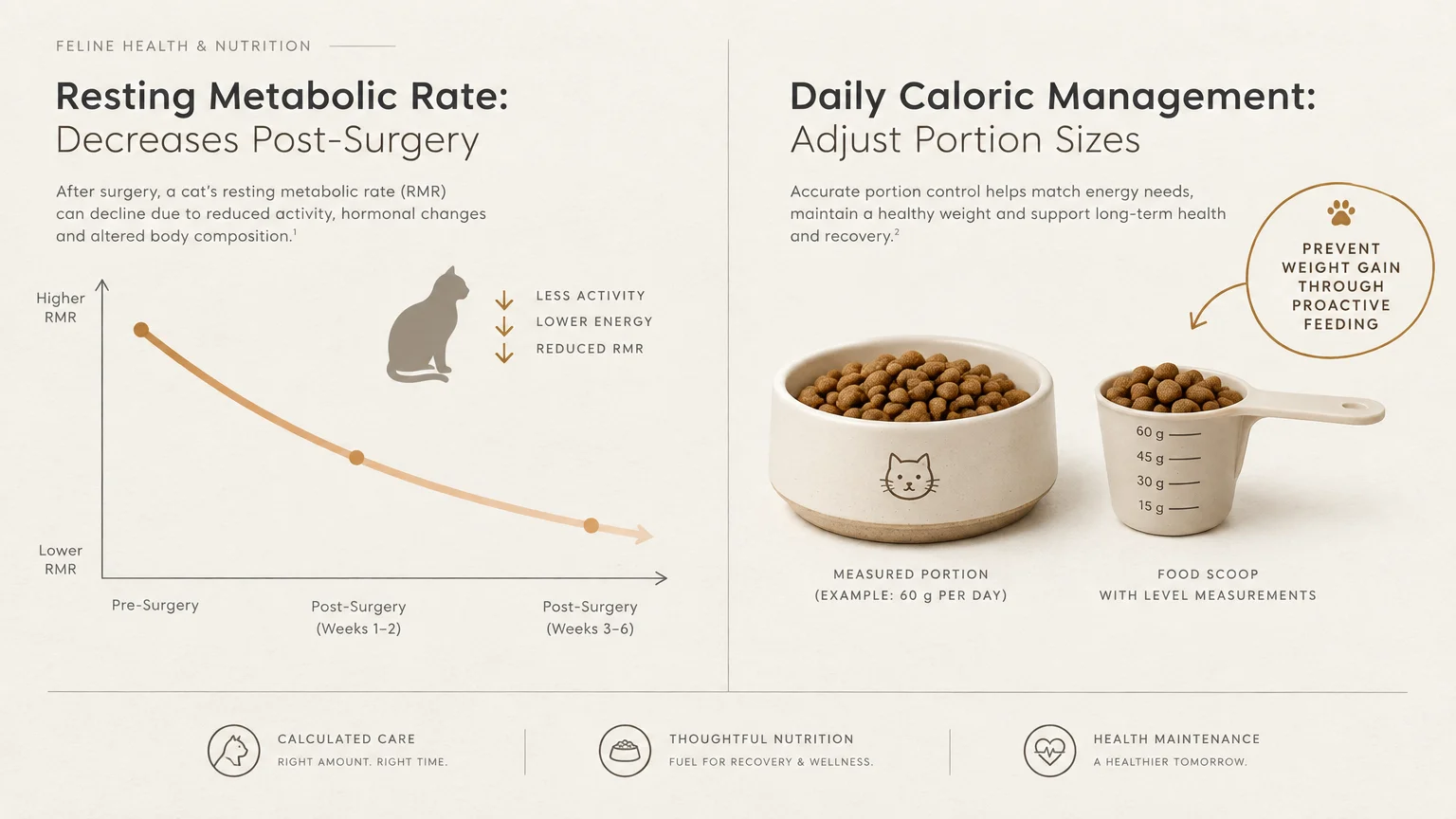 Diagram showing a declining resting metabolic rate curve beside a cat bowl and a measuring scoop with gram markings.