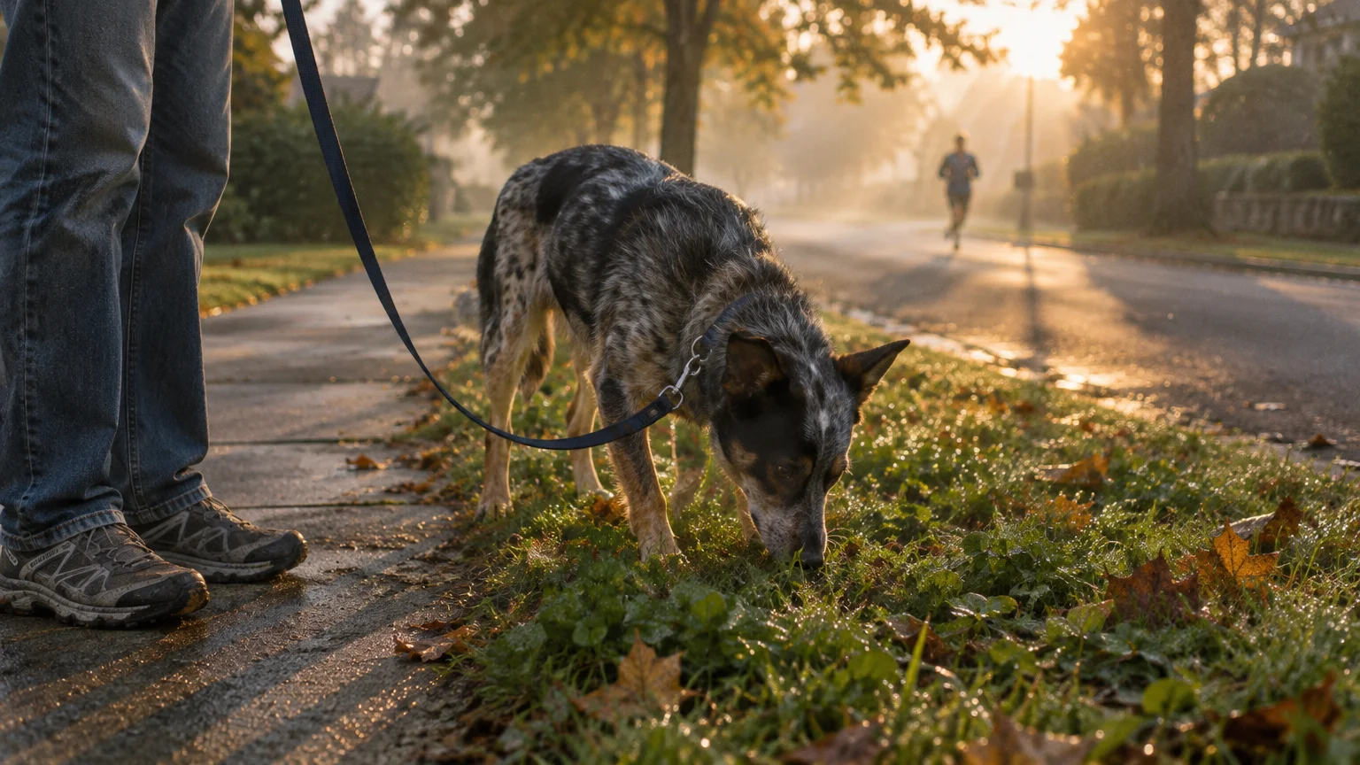 A speckled dog on a leash sniffs dewy grass along a sidewalk at sunrise near a person's legs.