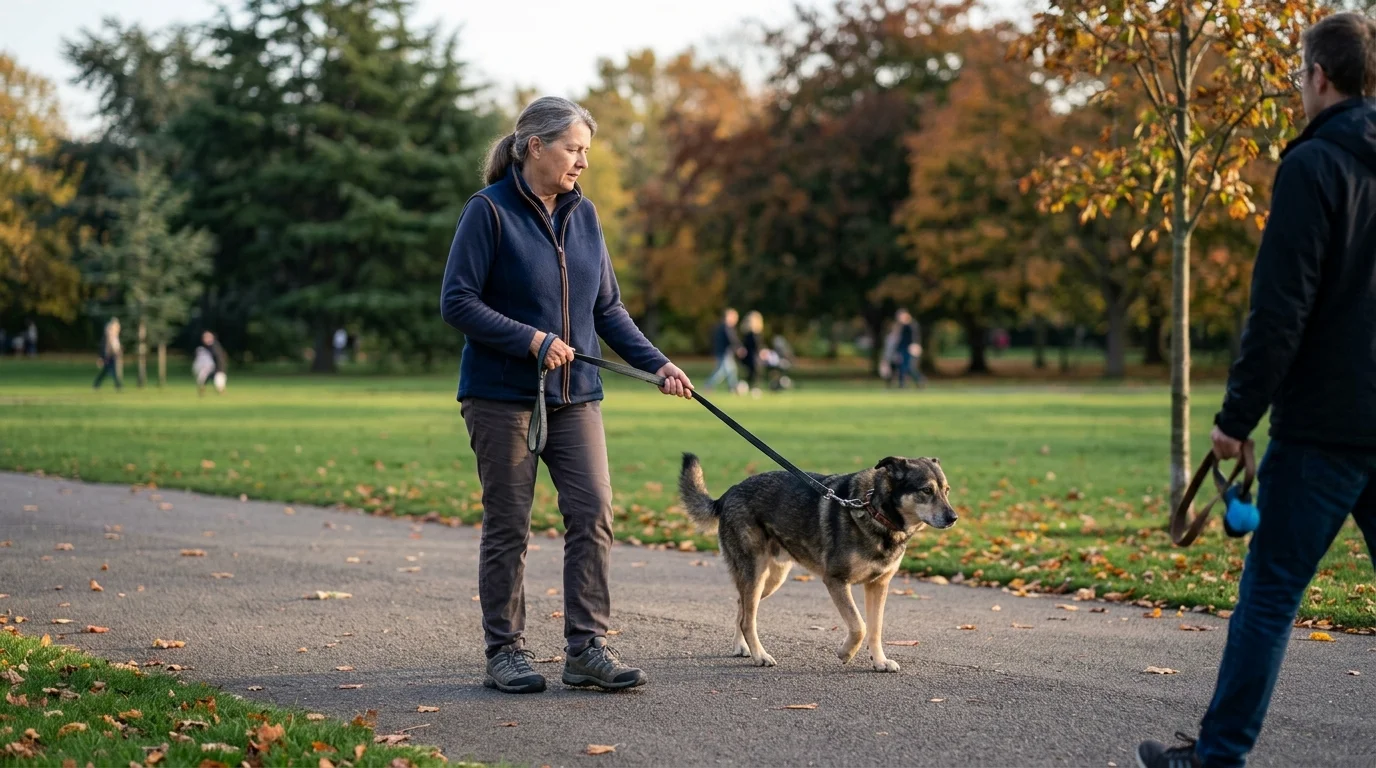 A woman walks a medium-sized dog on a leash along an asphalt park path in autumn.