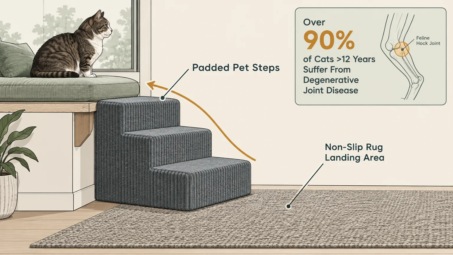 Diagram of a cat on a window bench beside padded pet steps, a rug, and an infographic about joint disease in cats over 12.
