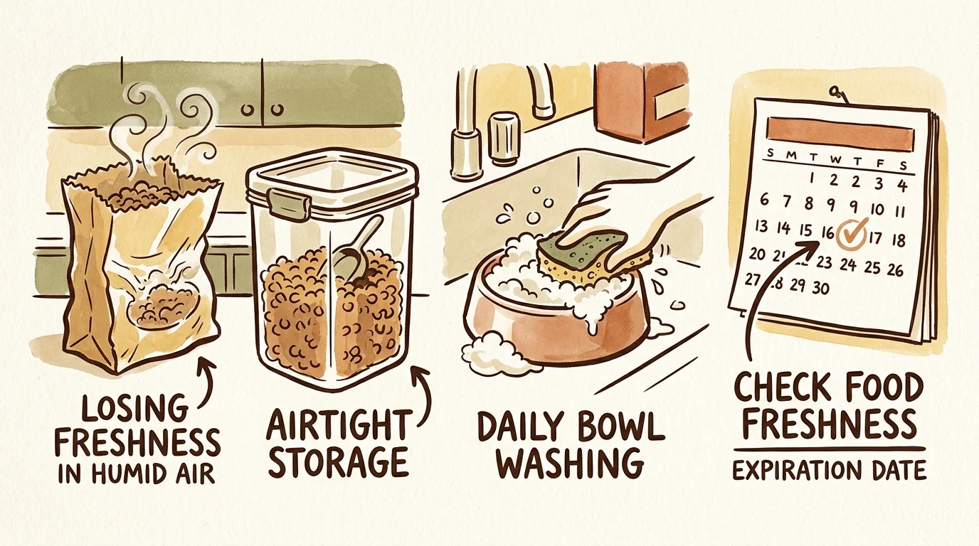 Illustration showing kibble in a bag, an airtight container, a pet bowl being washed, and a marked calendar.